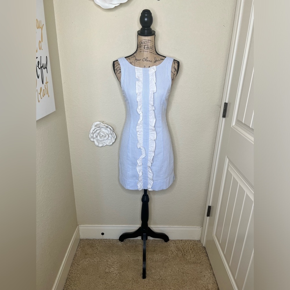 NTM: Lauren James Light Blue & White with Ruffles Seersucker Bailey Dress Sz XS - Picture 2 of 16